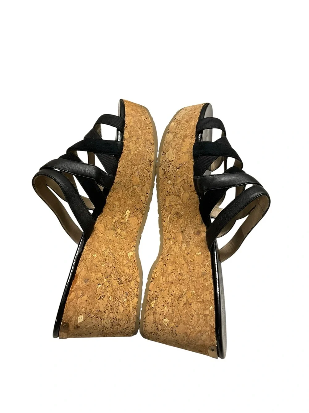 Y2K Jimmy Choo Patent Black Leather Cork Platform Wedge Sandals 42